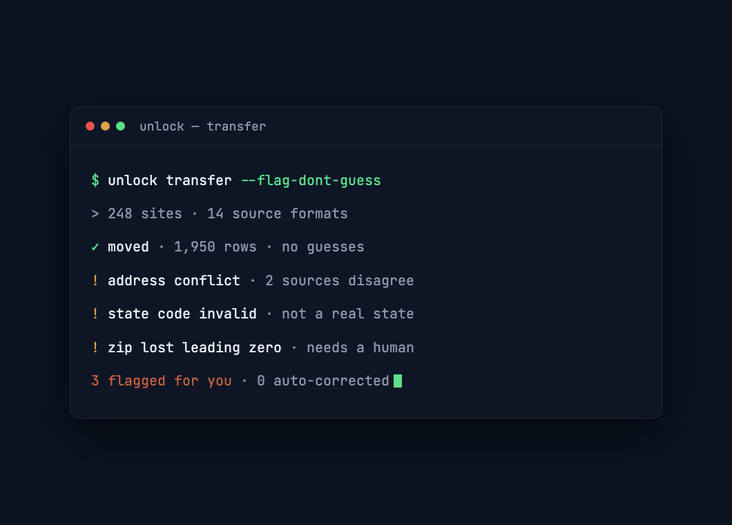 terminal output showing a data transfer that flags conflicts instead of guessing