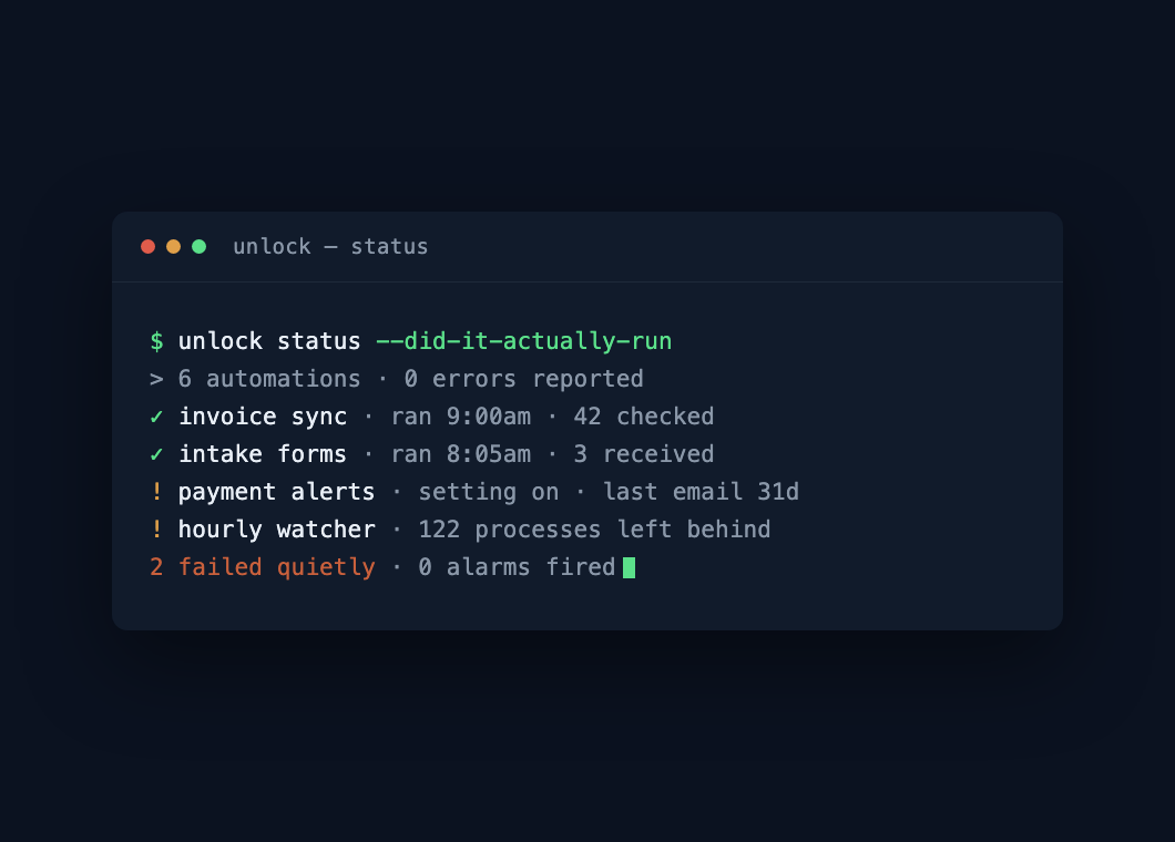 terminal status check showing two automations that failed without firing an alarm