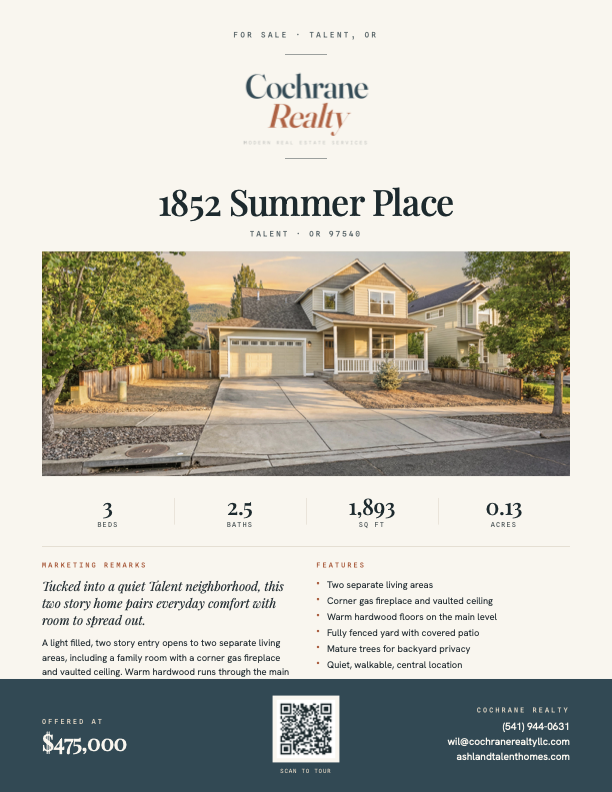 listing flyer rendered straight from property data: photo, stats, remarks, qr code. no designer involved