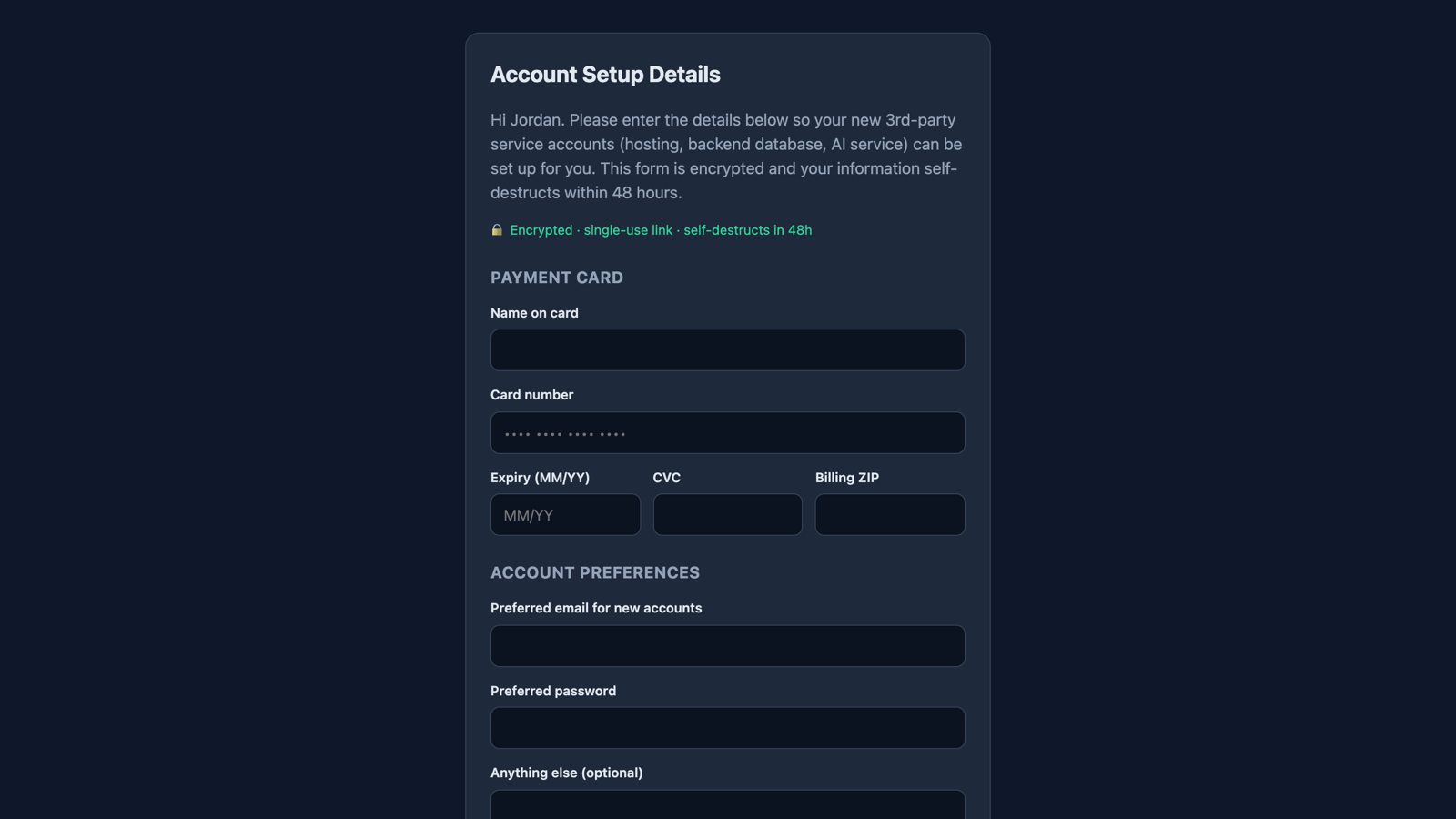 the real intake form: encrypted, single-use, self-destructs in 48 hours
