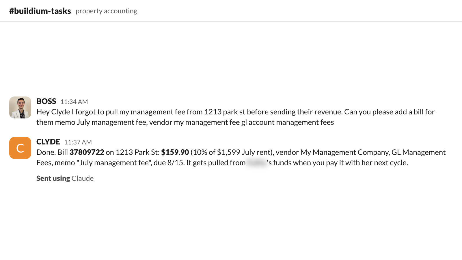 a forgotten management fee, entered in 3 minutes: right vendor, right account, 10% math included.