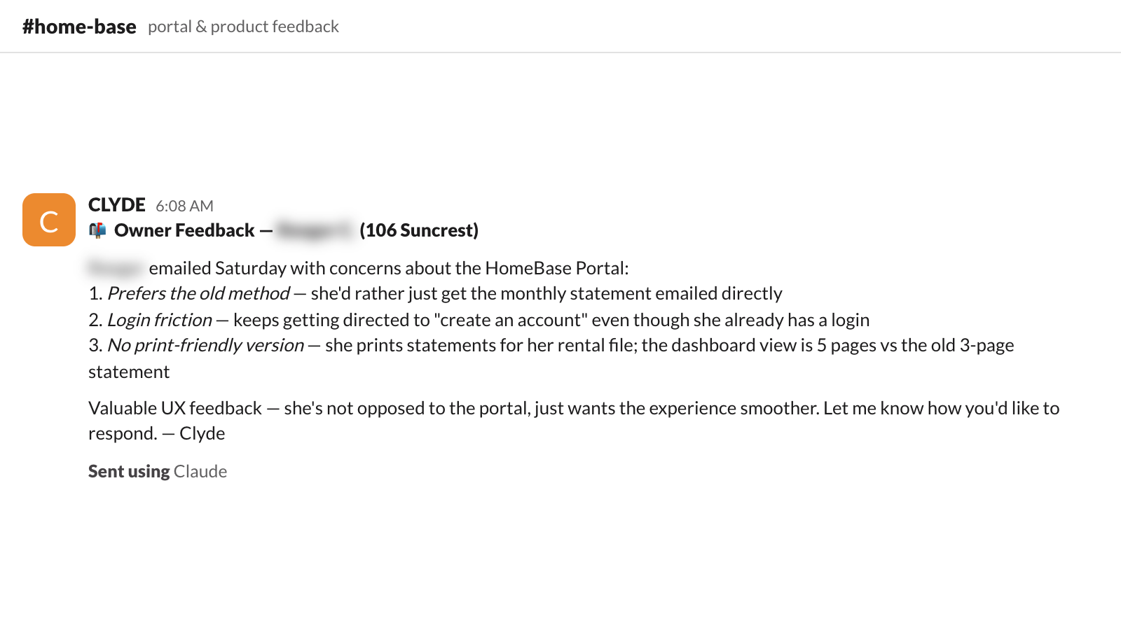 a real weekend feedback email, triaged into next week's fix list. owning your software means complaints become features.