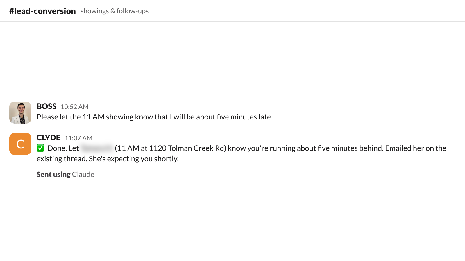 'let my 11 am showing know i'll be five minutes late.' contact found, emailed on the thread