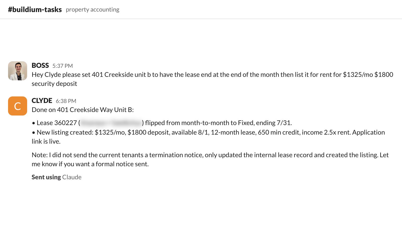 one slack sentence: lease ended, listing live with full terms, plus a note on what it didn't send