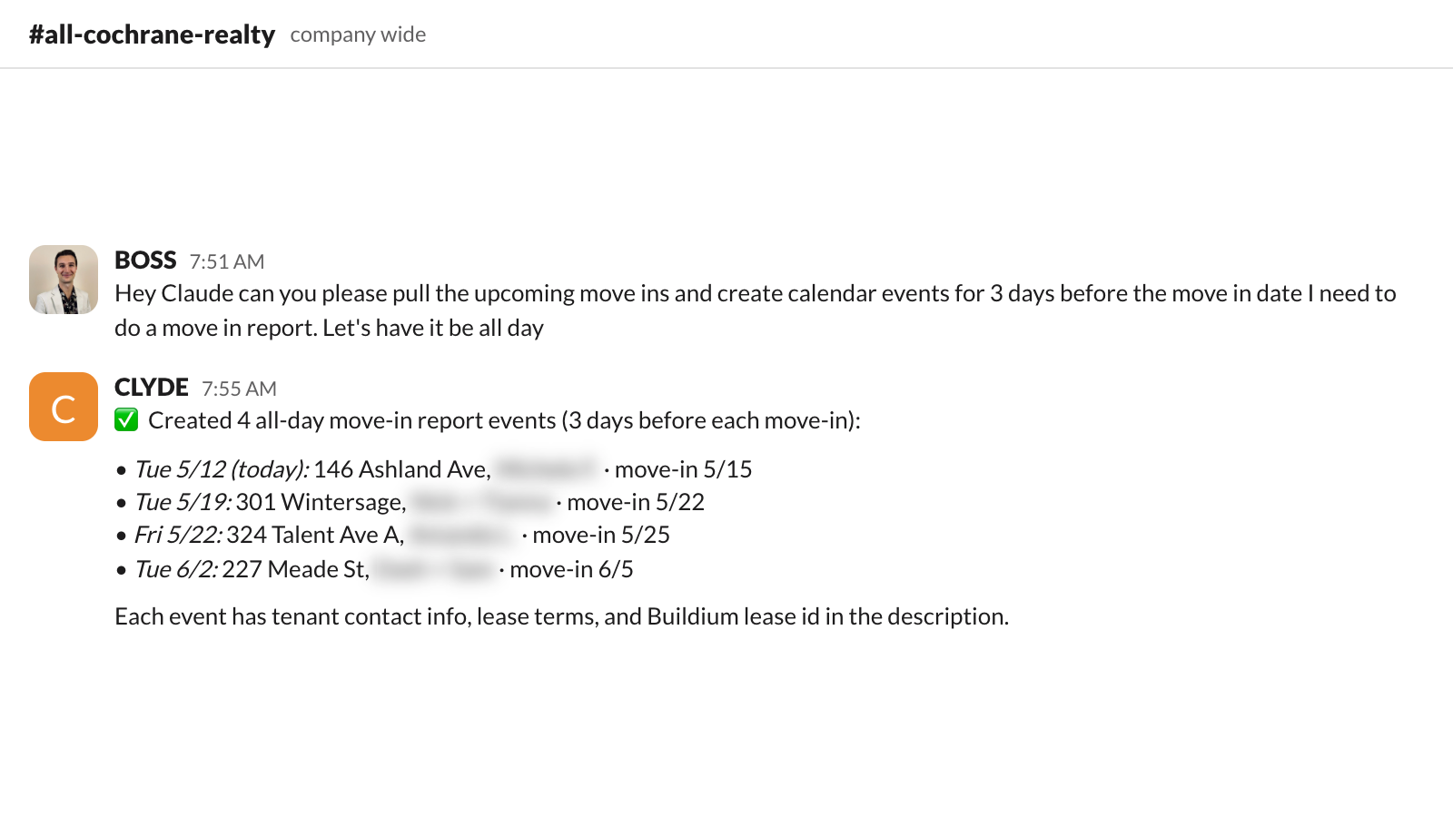 one slack message. four calendar events, each loaded with contact info and lease terms, three days ahead.