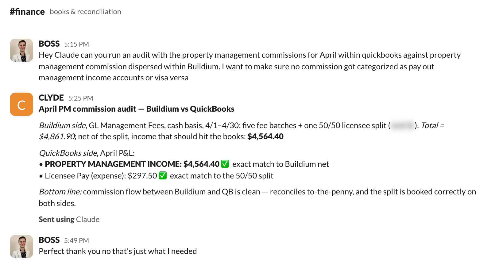 real task: quickbooks vs property software, april commissions reconciled to the penny from one slack message