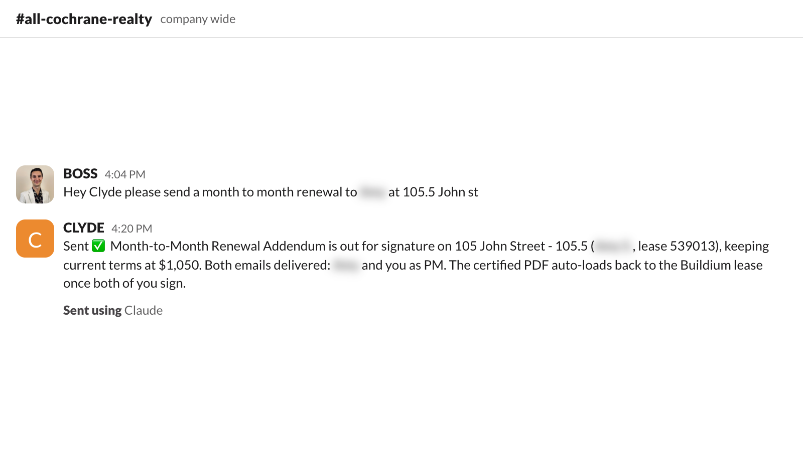 one sentence in slack sends the renewal. contacts sync, everyone signs, the pdf files itself to the lease.