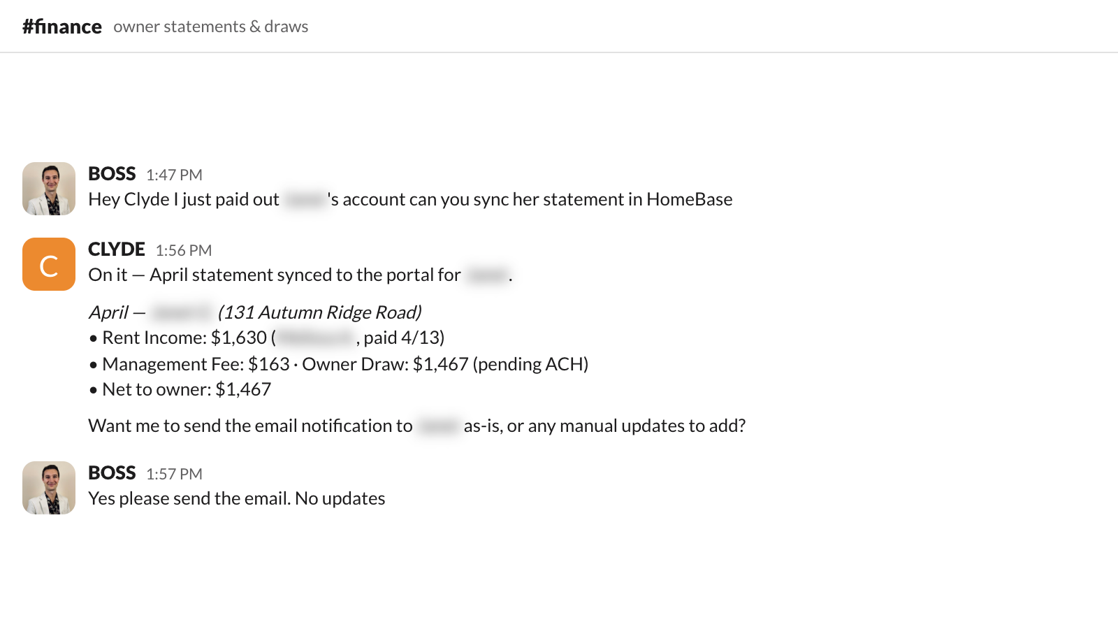 owner statement synced to the portal, notification email approved and sent, all in one slack thread.
