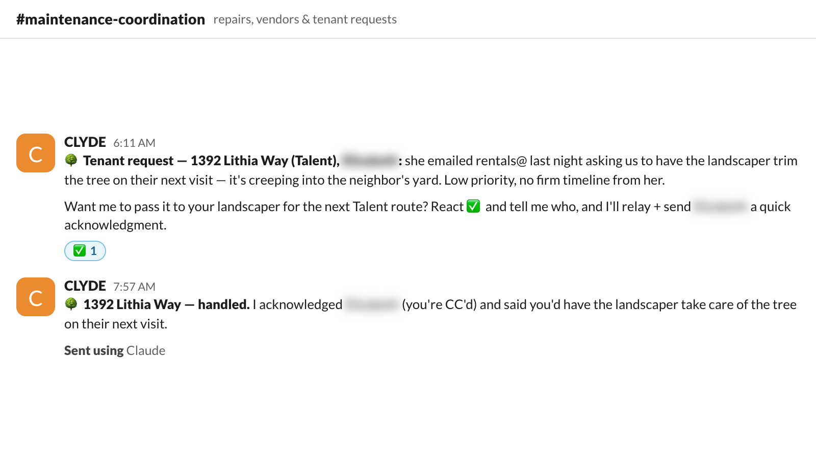 overnight maintenance email triaged at 6:11 am. one emoji to approve. tenant answered by 7:57.