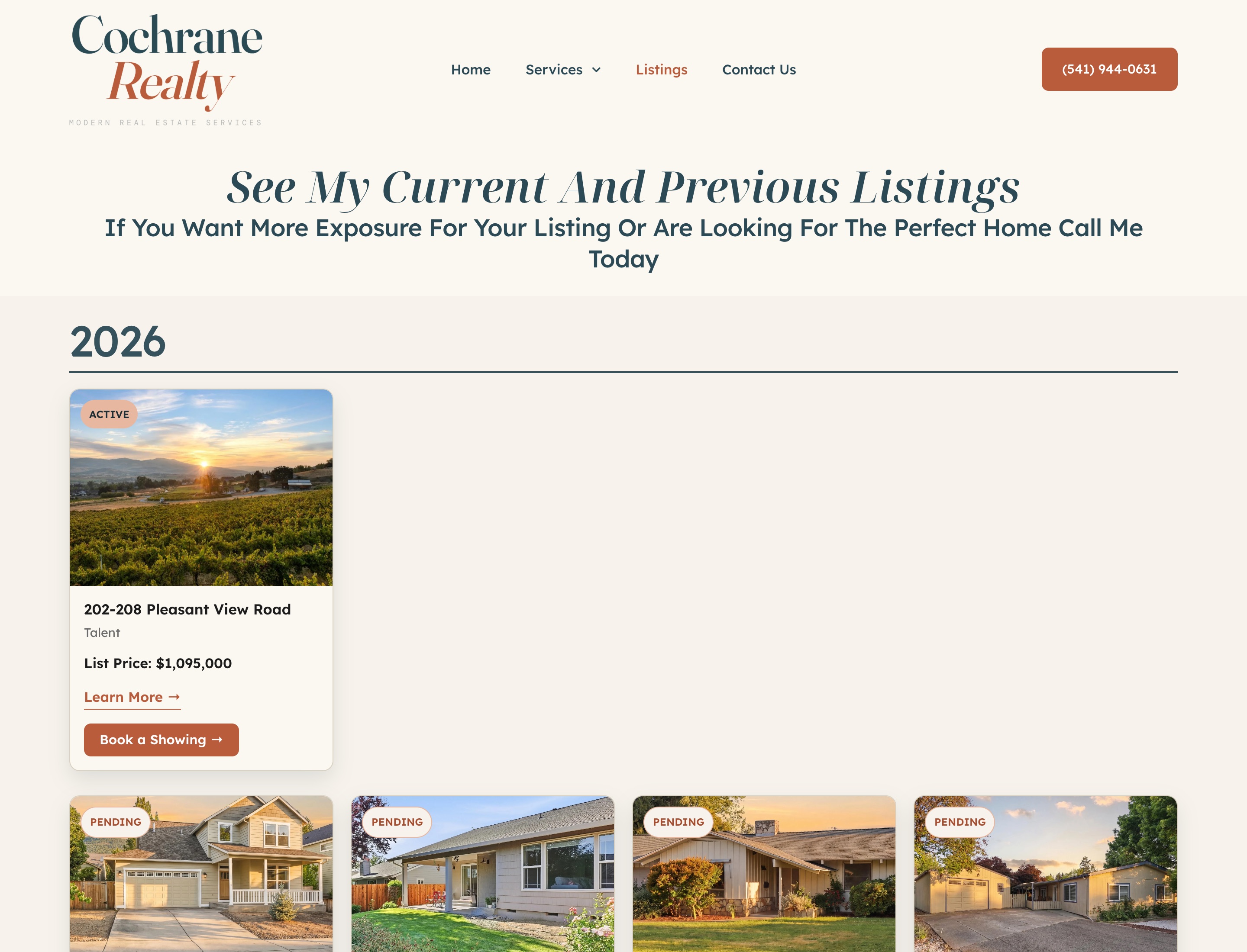 the listings page on wil's own site: statuses, prices & book-a-showing, fed by the business behind it