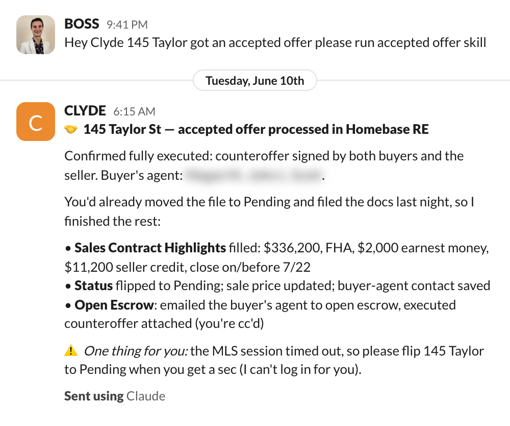 wil delegates an accepted offer at 9:41 pm from his phone; by 6:15 am the whole file is processed with one item flagged for him