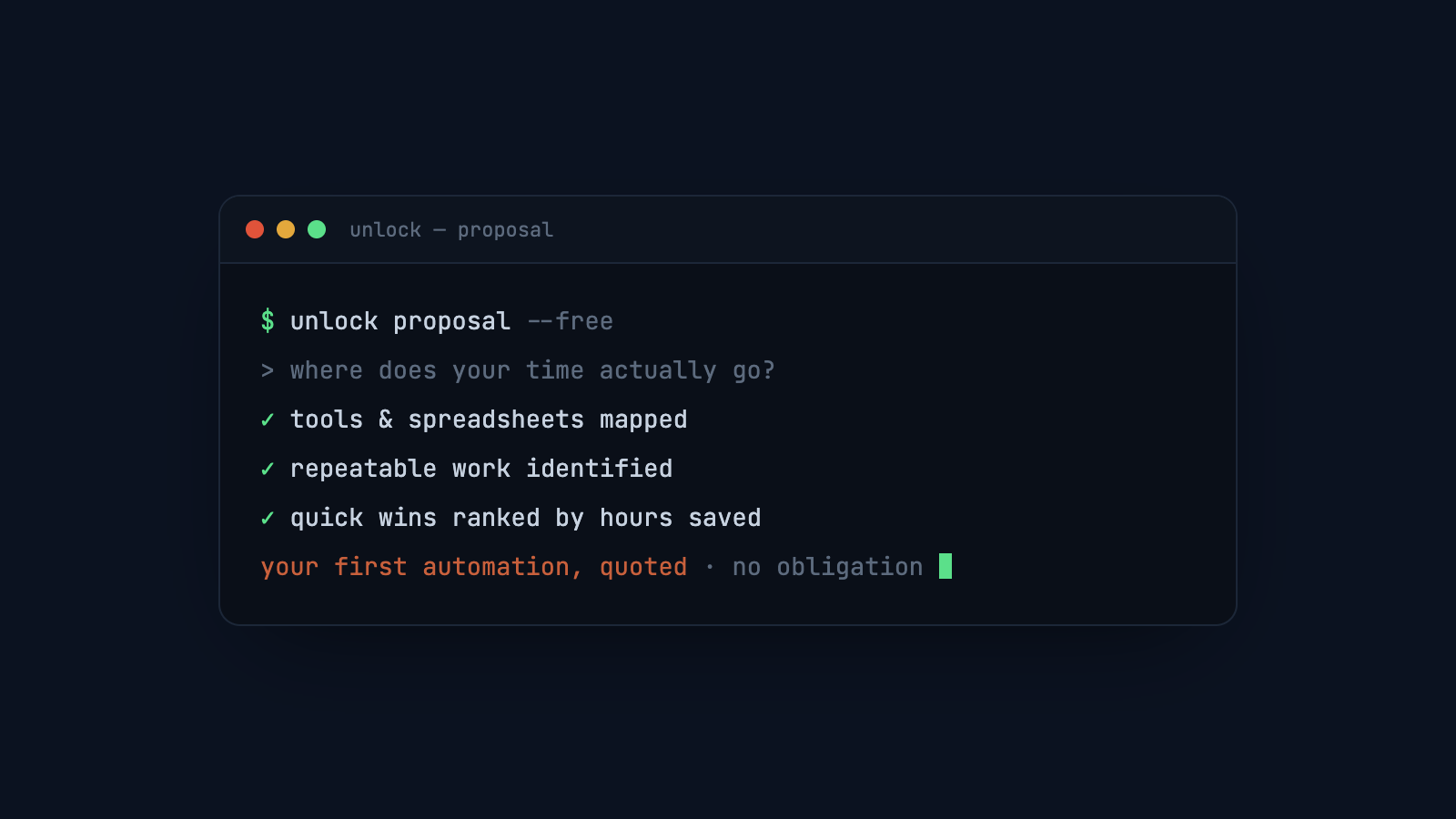 the free proposal: your tools mapped, repeatable work flagged, quick wins ranked by hours saved