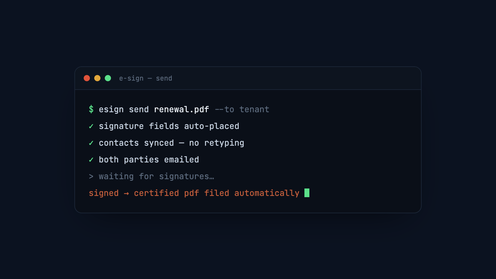 the full flow: upload, fields placed, contacts synced, signed pdf filed where it belongs.