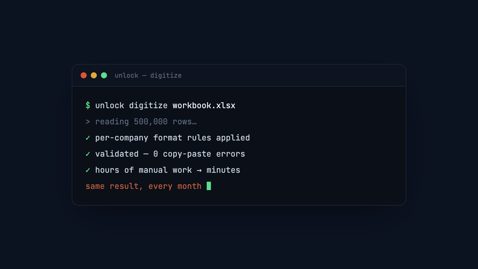 real job: 500,000 rows moved between workbooks, per-company rules applied, zero copy-paste errors, hours to minutes