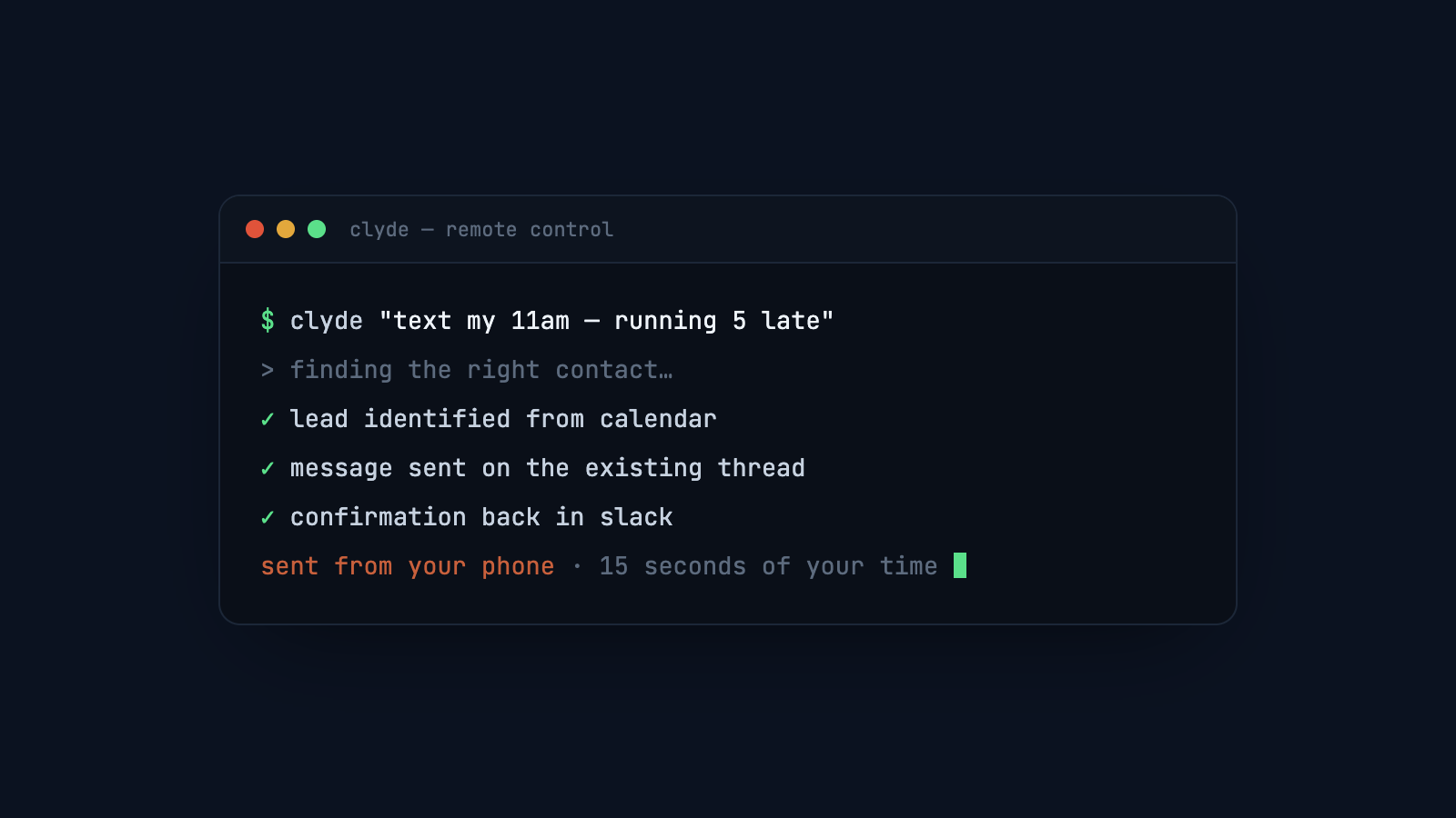 the loop: one sentence from a phone, contact found, message sent, confirmation back
