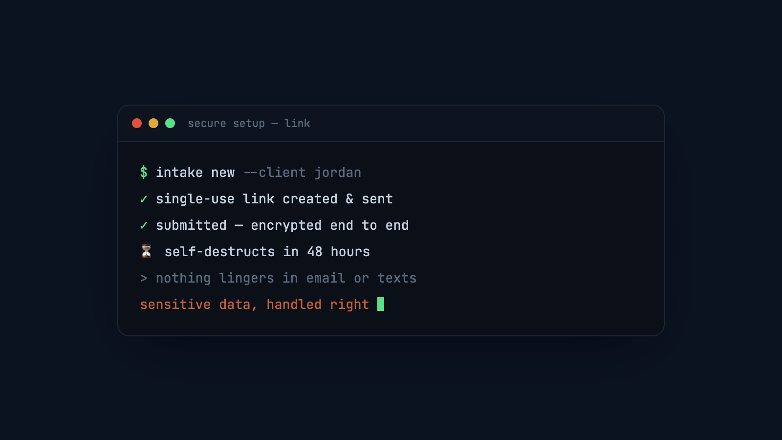 the full flow: link sent, submitted encrypted, self-destructed within 48 hours